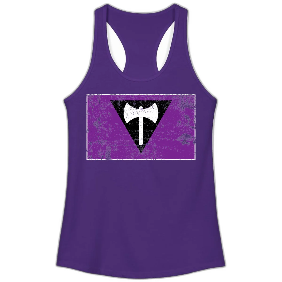 White double-headed axe on vertical cross against black inverted triangle on distressed purple grunge background in Solid Purple Rush