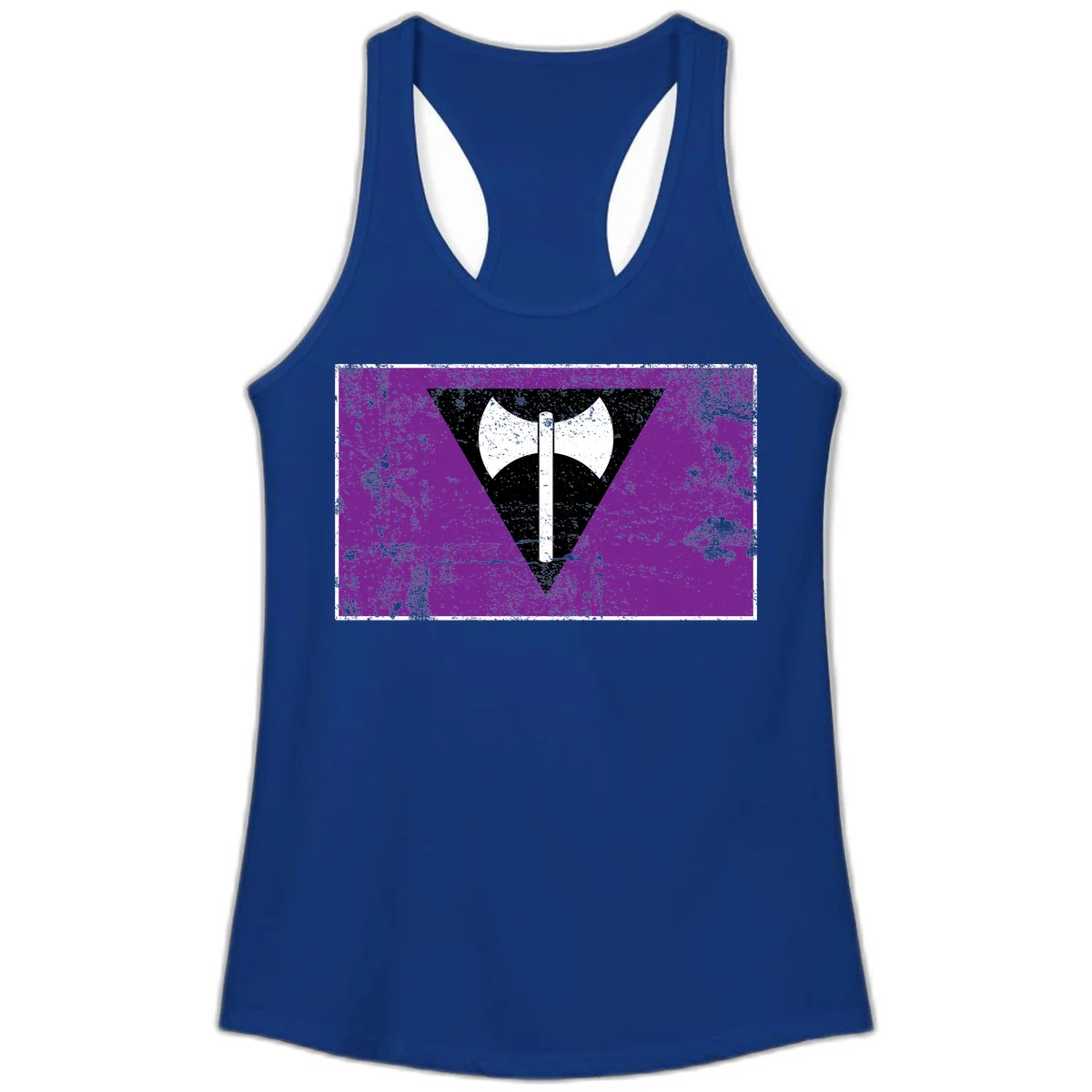 White double-headed axe on vertical cross against black inverted triangle on distressed purple grunge background in Solid Royal