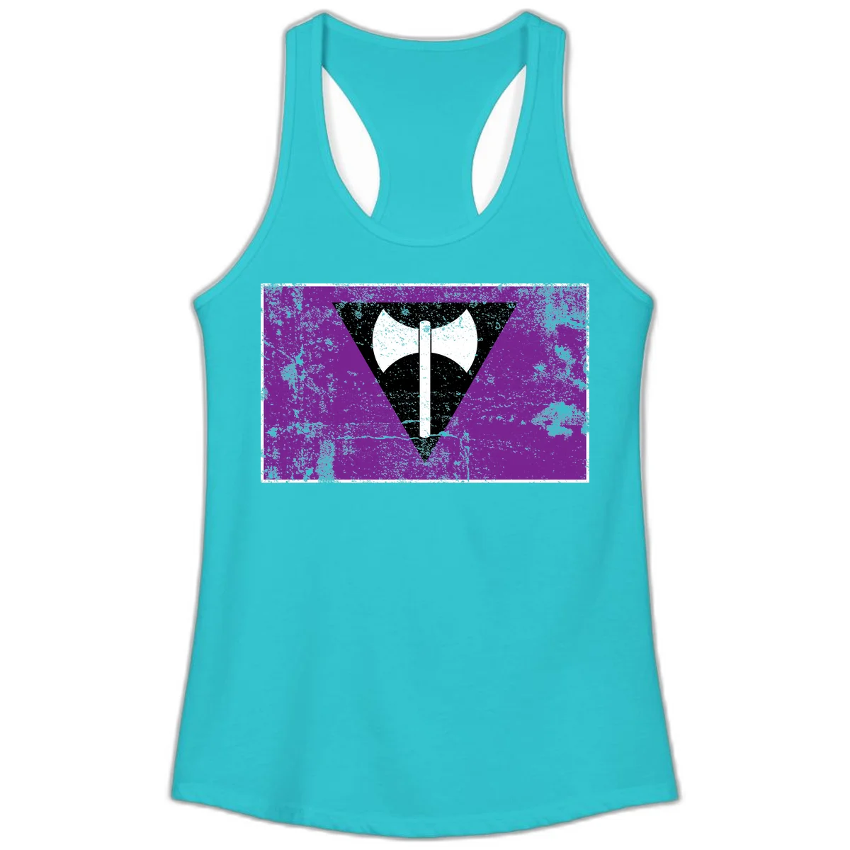 White double-headed axe on vertical cross against black inverted triangle on distressed purple grunge background in Solid Tahiti Blue