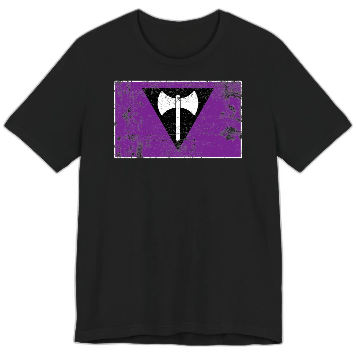 White double-headed axe on vertical cross against black inverted triangle on distressed purple grunge background in Black