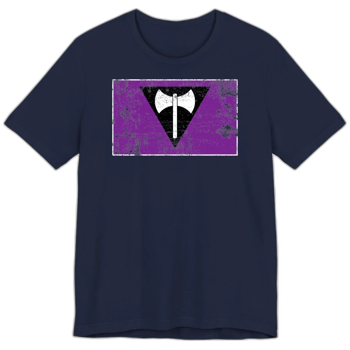 White double-headed axe on vertical cross against black inverted triangle on distressed purple grunge background in Navy