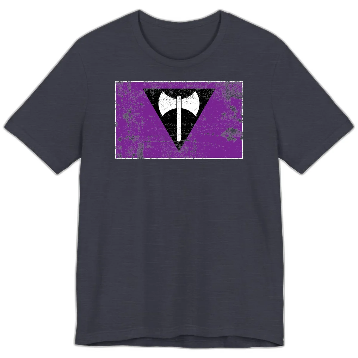 White double-headed axe on vertical cross against black inverted triangle on distressed purple grunge background in Heather Midnight Navy