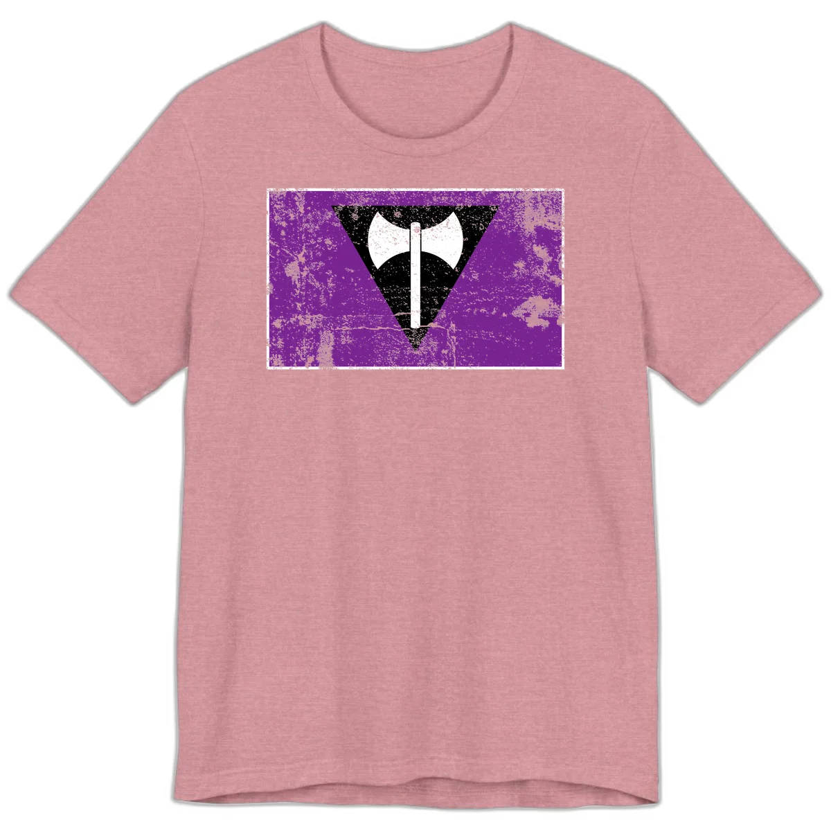 White double-headed axe on vertical cross against black inverted triangle on distressed purple grunge background in Heather Orchid
