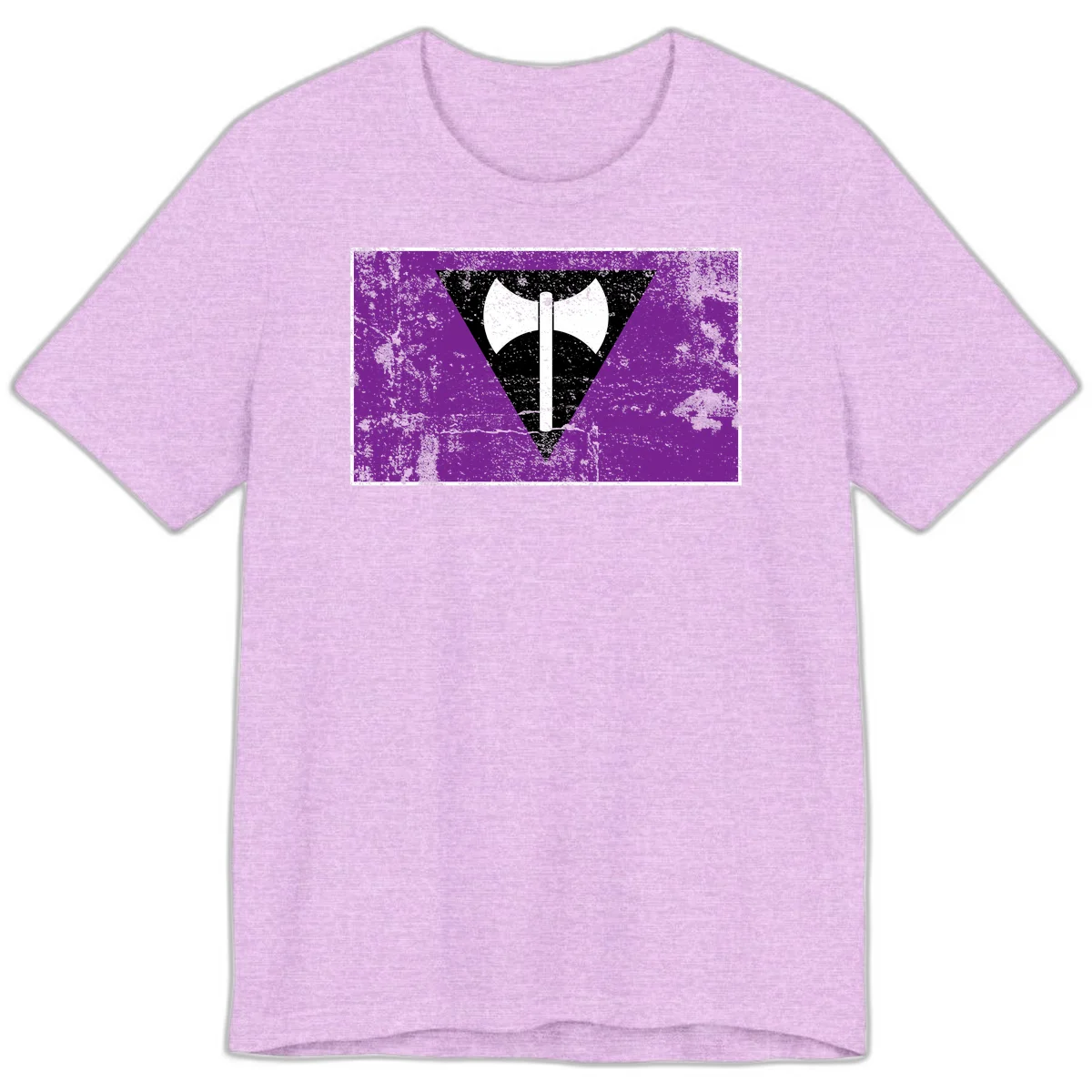 White double-headed axe on vertical cross against black inverted triangle on distressed purple grunge background in Heather Prism Lilac