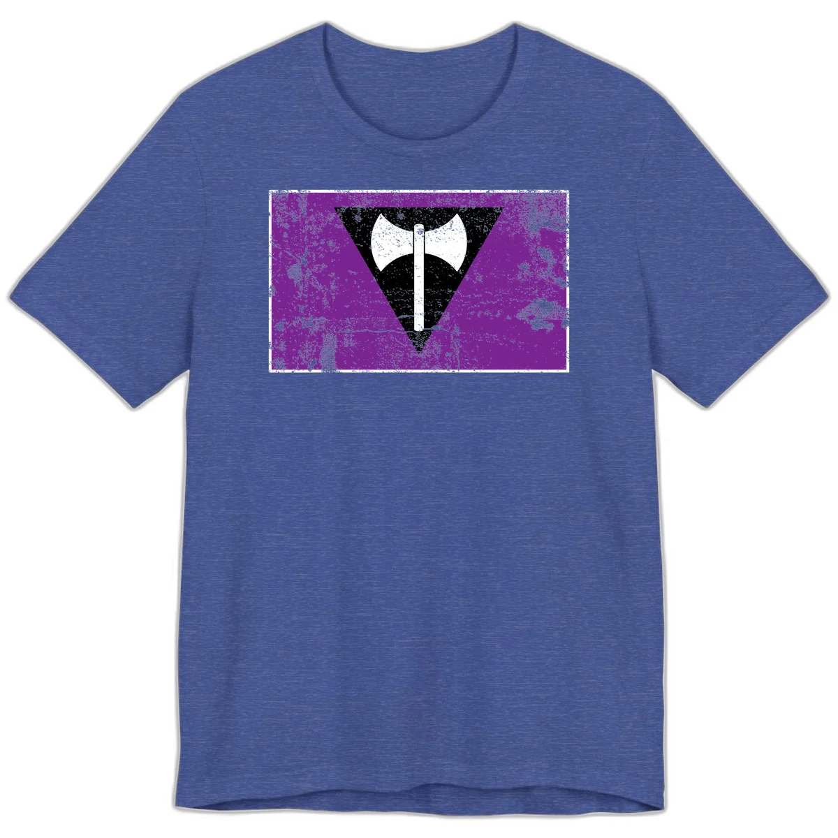 White double-headed axe on vertical cross against black inverted triangle on distressed purple grunge background in Heather True Royal