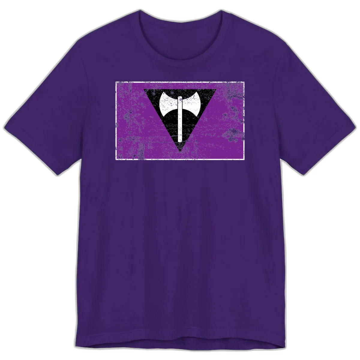 White double-headed axe on vertical cross against black inverted triangle on distressed purple grunge background in Team Purple