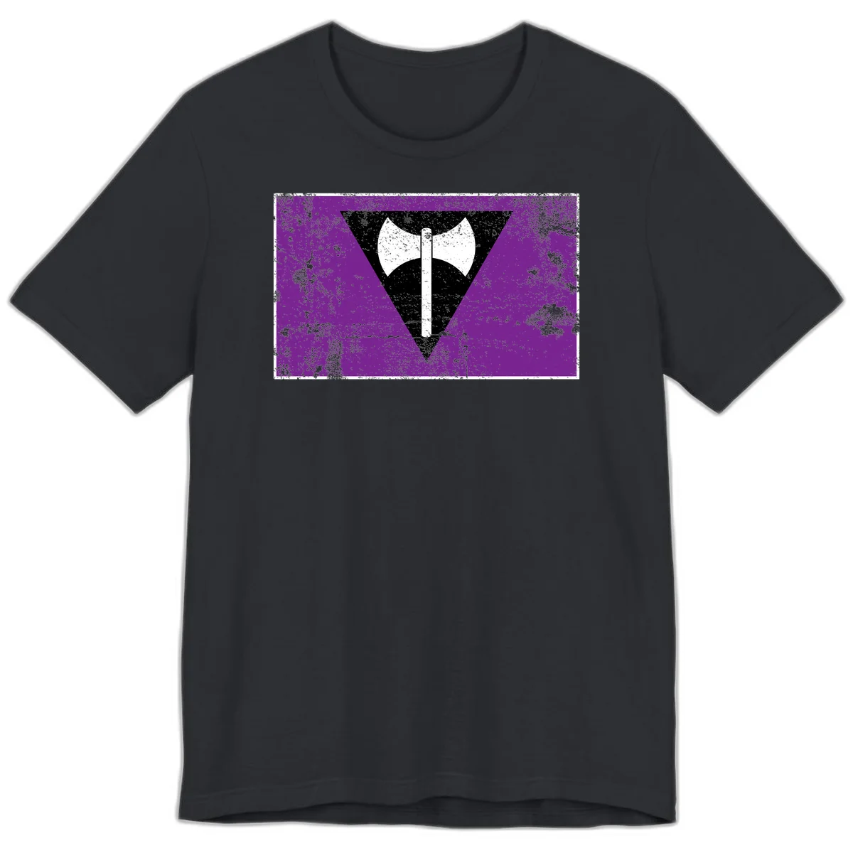 White double-headed axe on vertical cross against black inverted triangle on distressed purple grunge background in Vintage Black