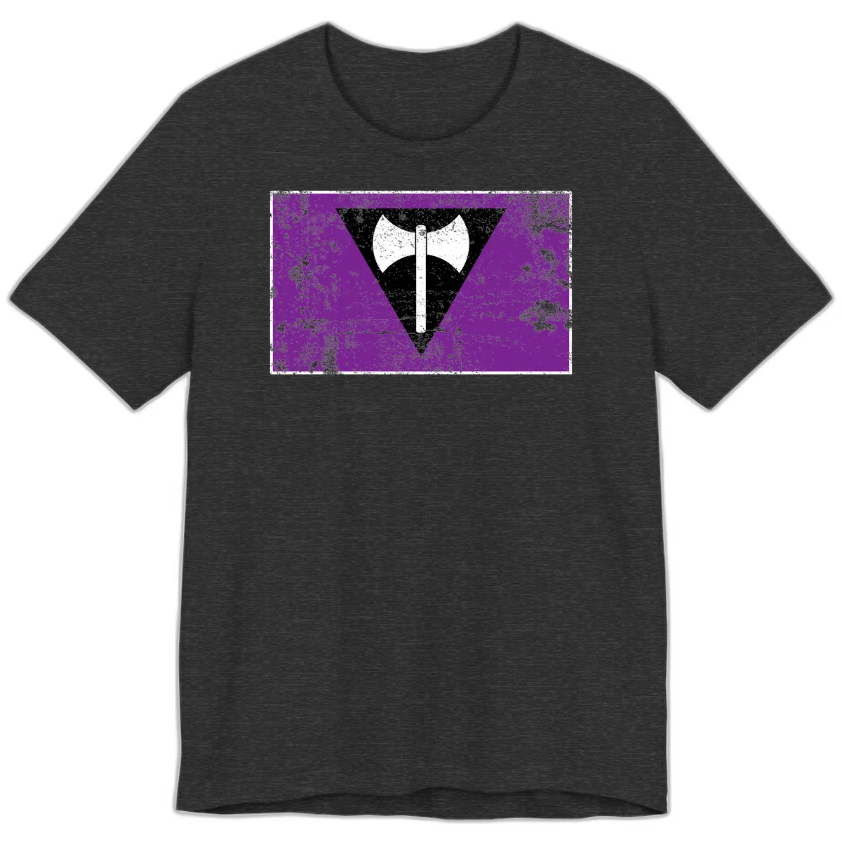 White double-headed axe on vertical cross against black inverted triangle on distressed purple grunge background in Dark Grey Heather