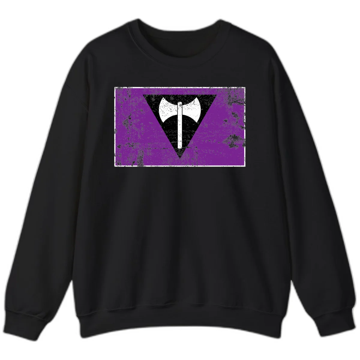 White double-headed axe on vertical cross against black inverted triangle on distressed purple grunge background in Black
