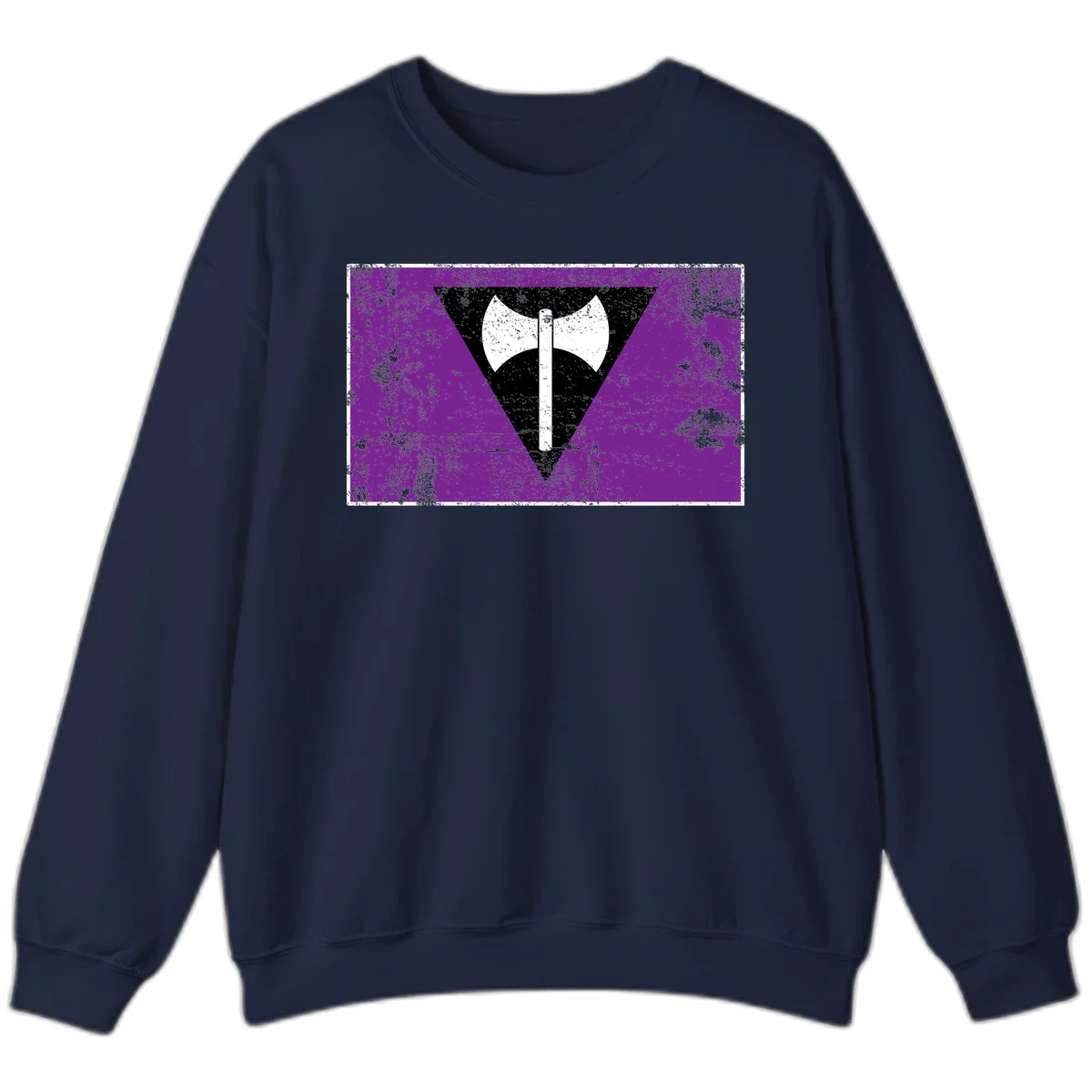 White double-headed axe on vertical cross against black inverted triangle on distressed purple grunge background in Navy