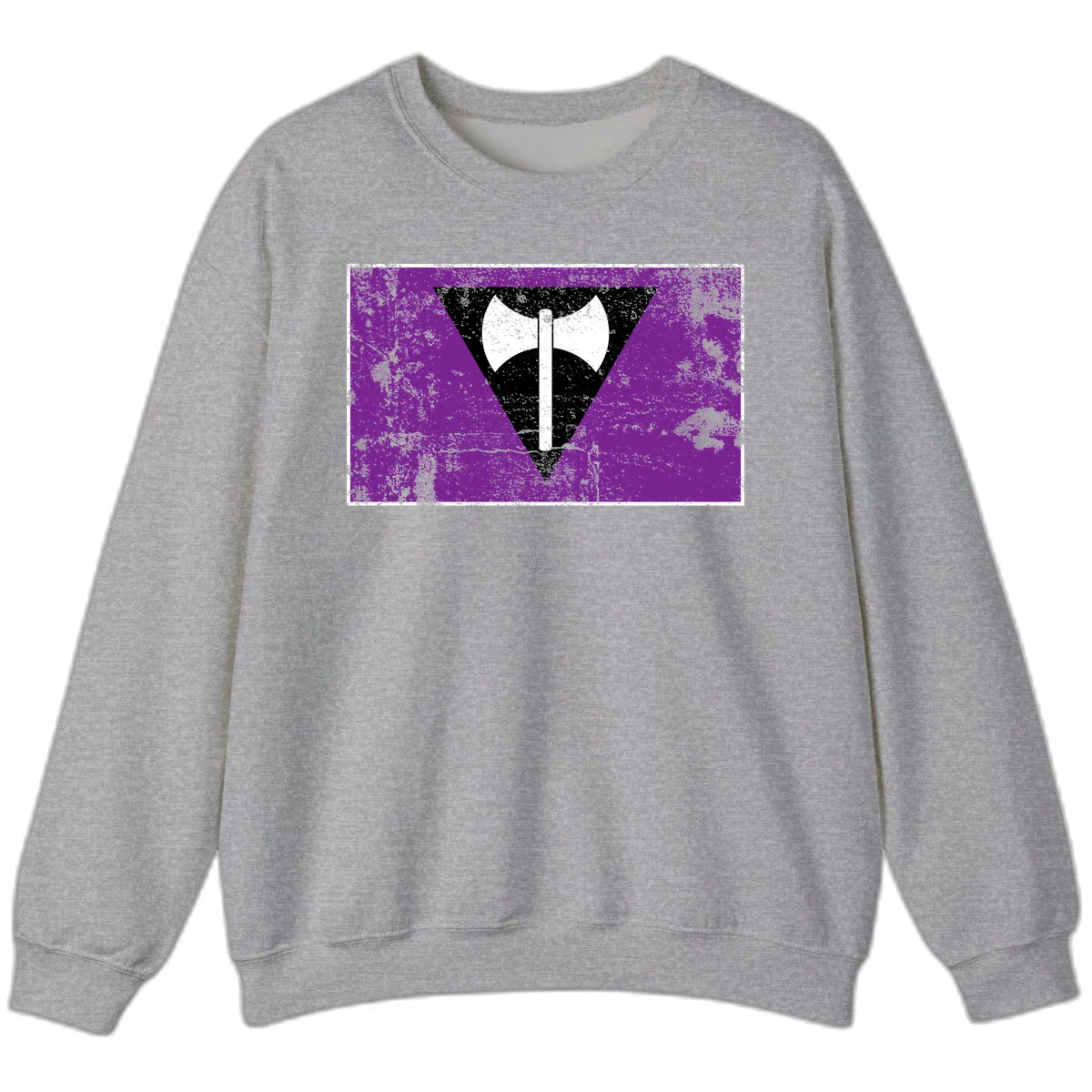 White double-headed axe on vertical cross against black inverted triangle on distressed purple grunge background in Sport Grey