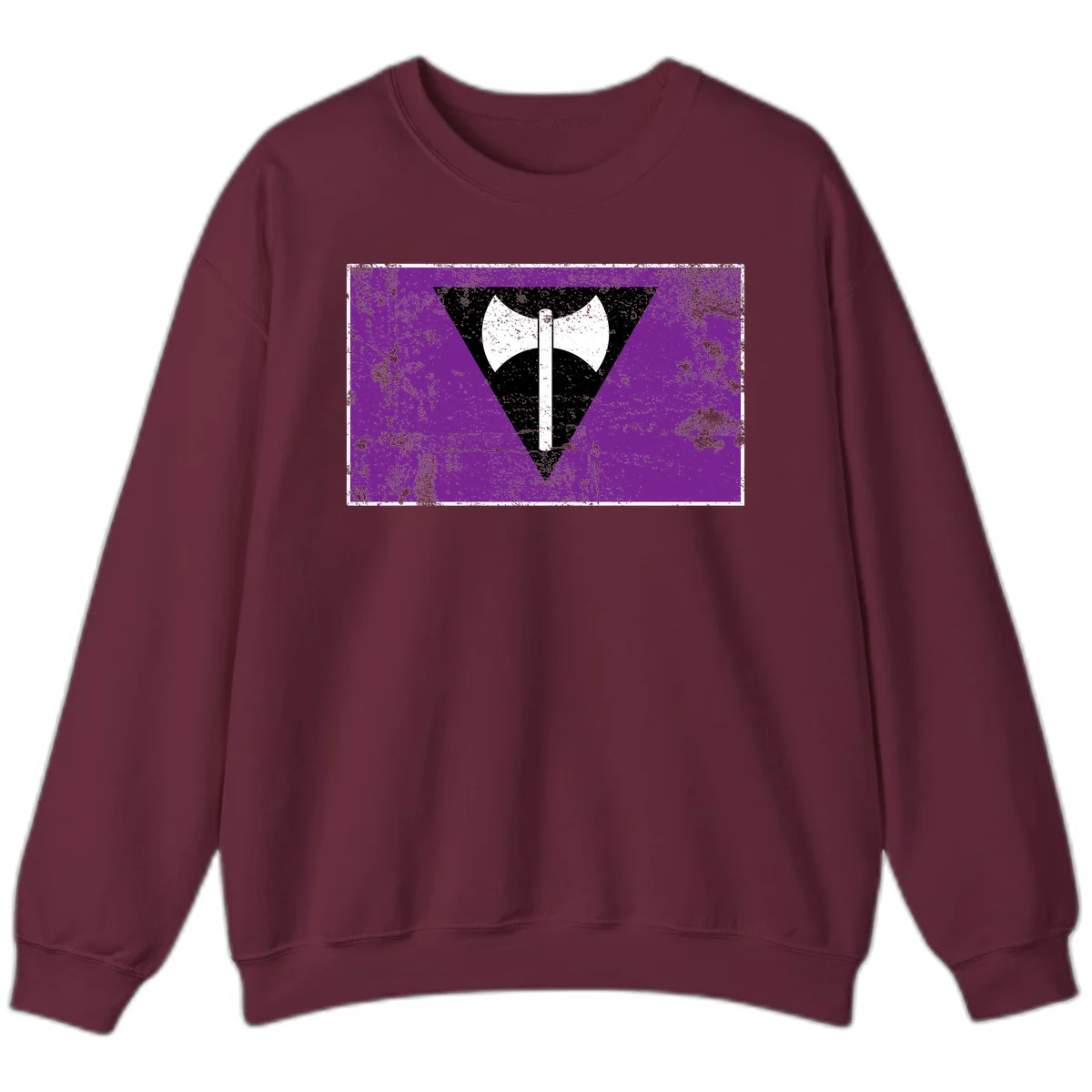 White double-headed axe on vertical cross against black inverted triangle on distressed purple grunge background in Maroon