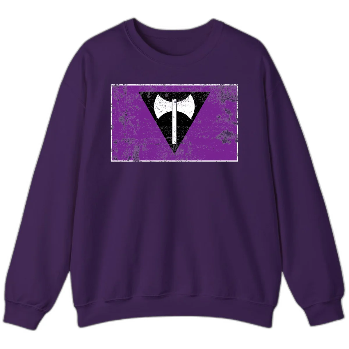White double-headed axe on vertical cross against black inverted triangle on distressed purple grunge background in Purple