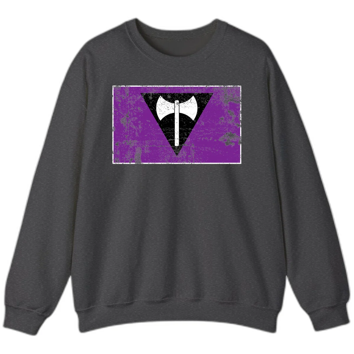 White double-headed axe on vertical cross against black inverted triangle on distressed purple grunge background in Dark Heather