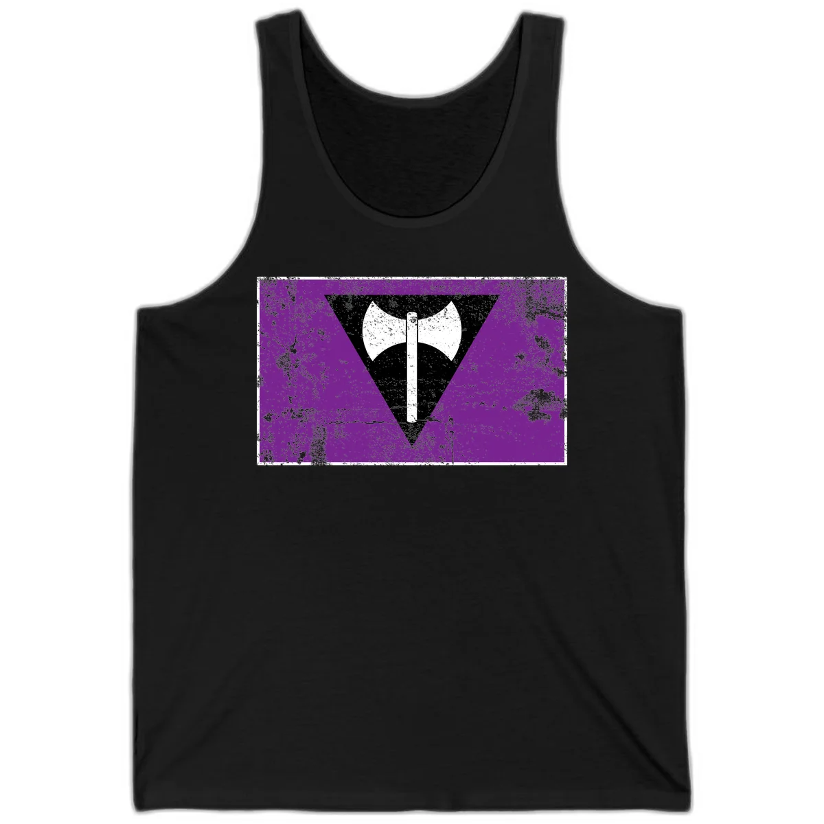 White double-headed axe on vertical cross against black inverted triangle on distressed purple grunge background in Black