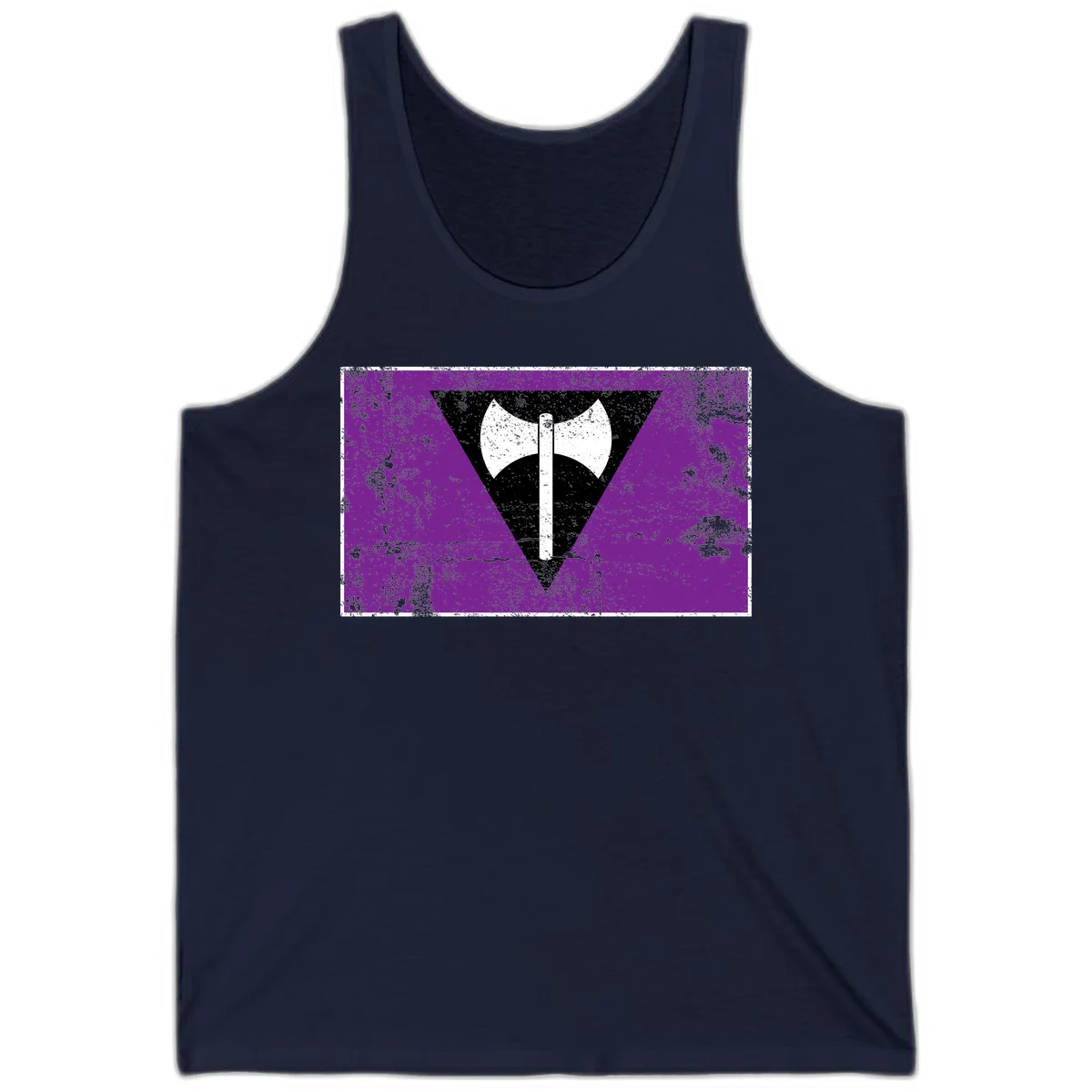 White double-headed axe on vertical cross against black inverted triangle on distressed purple grunge background in Navy