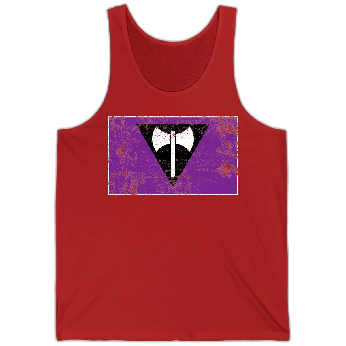 White double-headed axe on vertical cross against black inverted triangle on distressed purple grunge background in Red