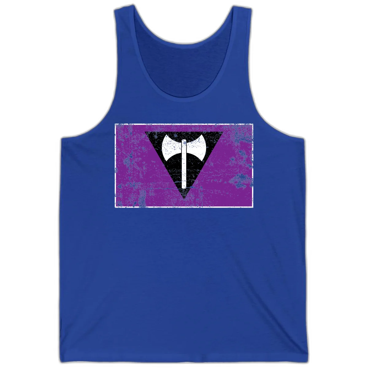 White double-headed axe on vertical cross against black inverted triangle on distressed purple grunge background in True Royal