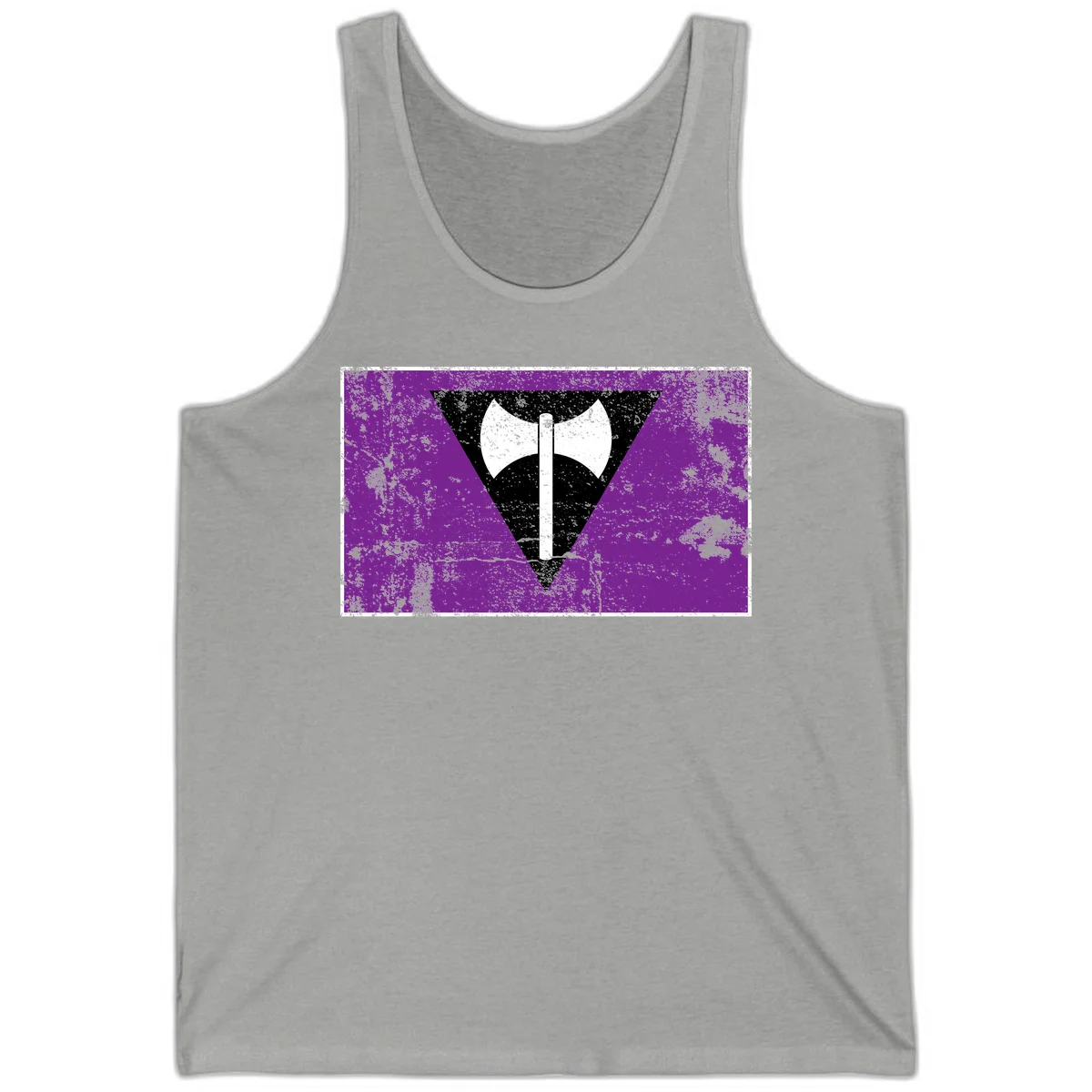 White double-headed axe on vertical cross against black inverted triangle on distressed purple grunge background in Athletic Heather