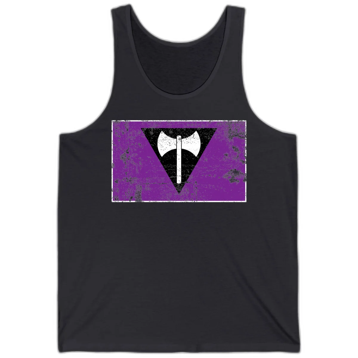 White double-headed axe on vertical cross against black inverted triangle on distressed purple grunge background in Dark Grey