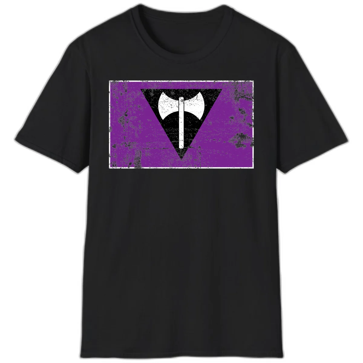 White double-headed axe on vertical cross against black inverted triangle on distressed purple grunge background in Black