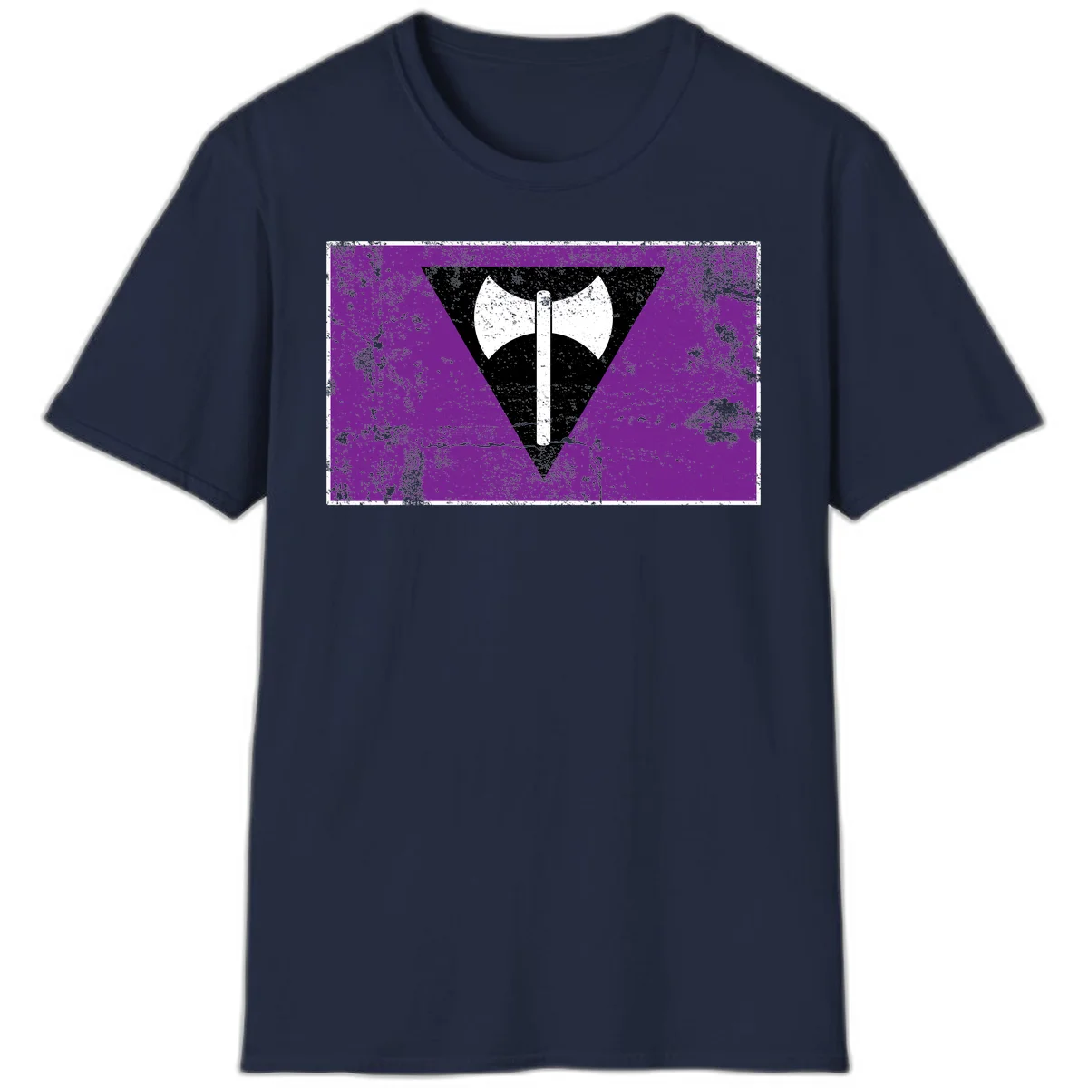 White double-headed axe on vertical cross against black inverted triangle on distressed purple grunge background in Navy