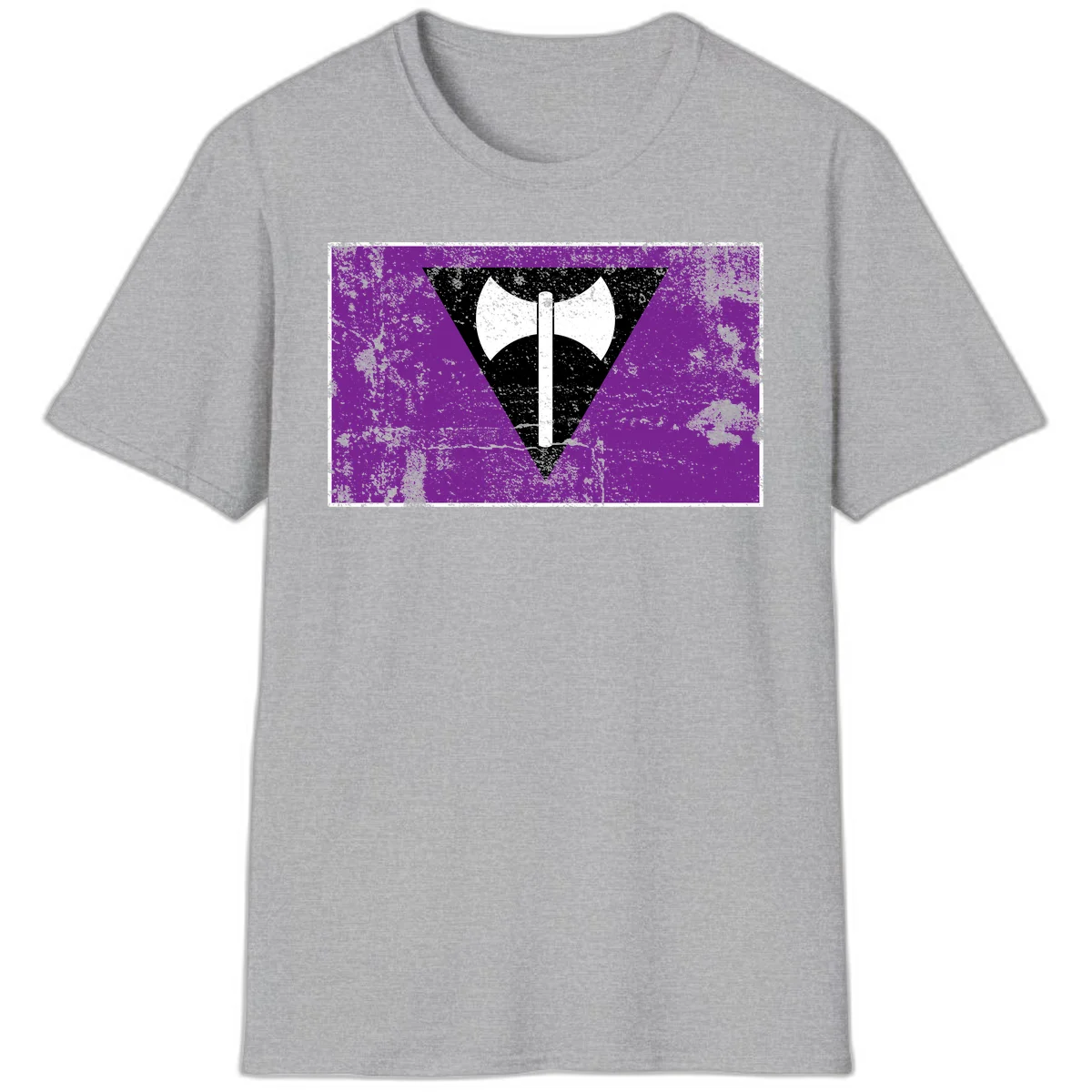 White double-headed axe on vertical cross against black inverted triangle on distressed purple grunge background in Sport Grey