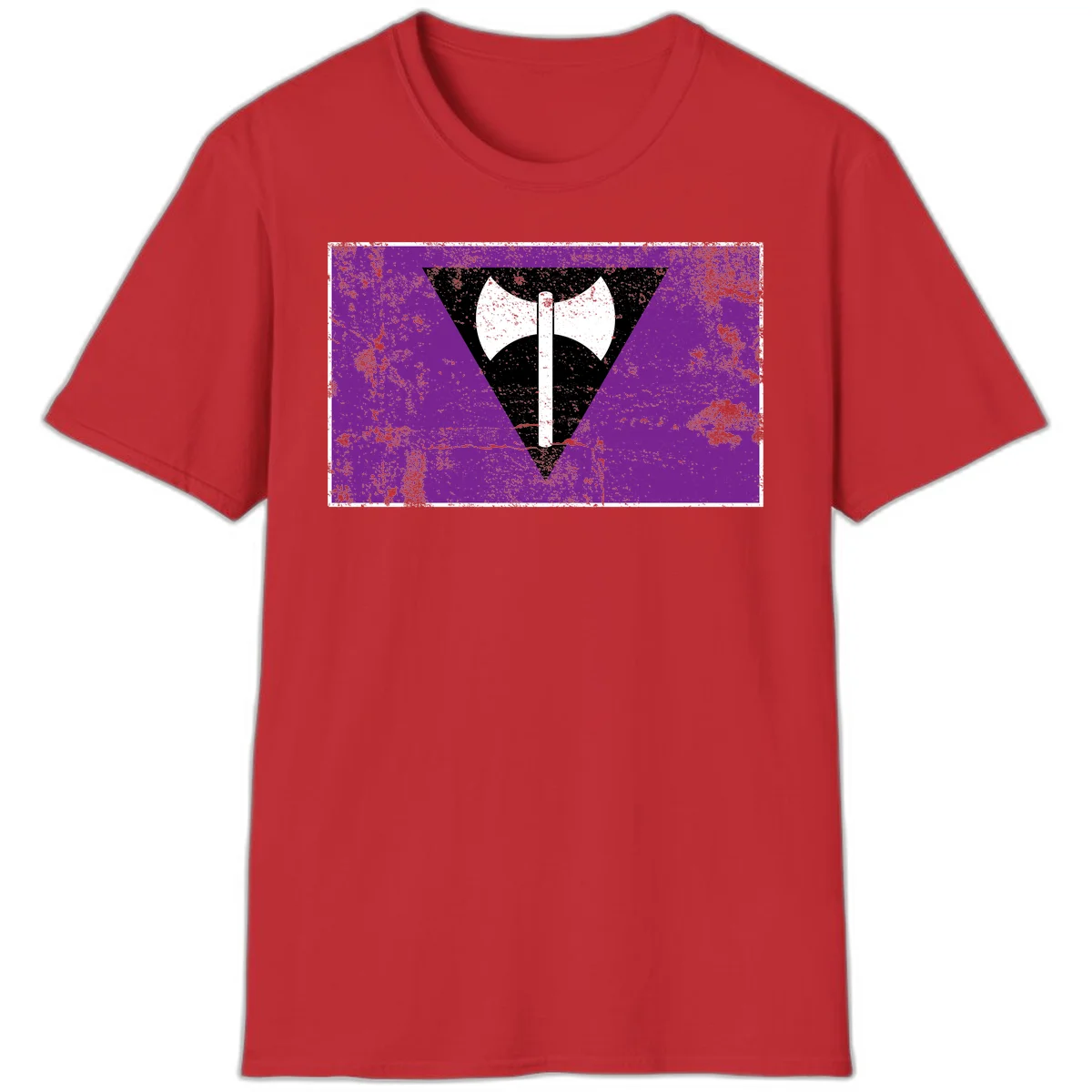White double-headed axe on vertical cross against black inverted triangle on distressed purple grunge background in Red