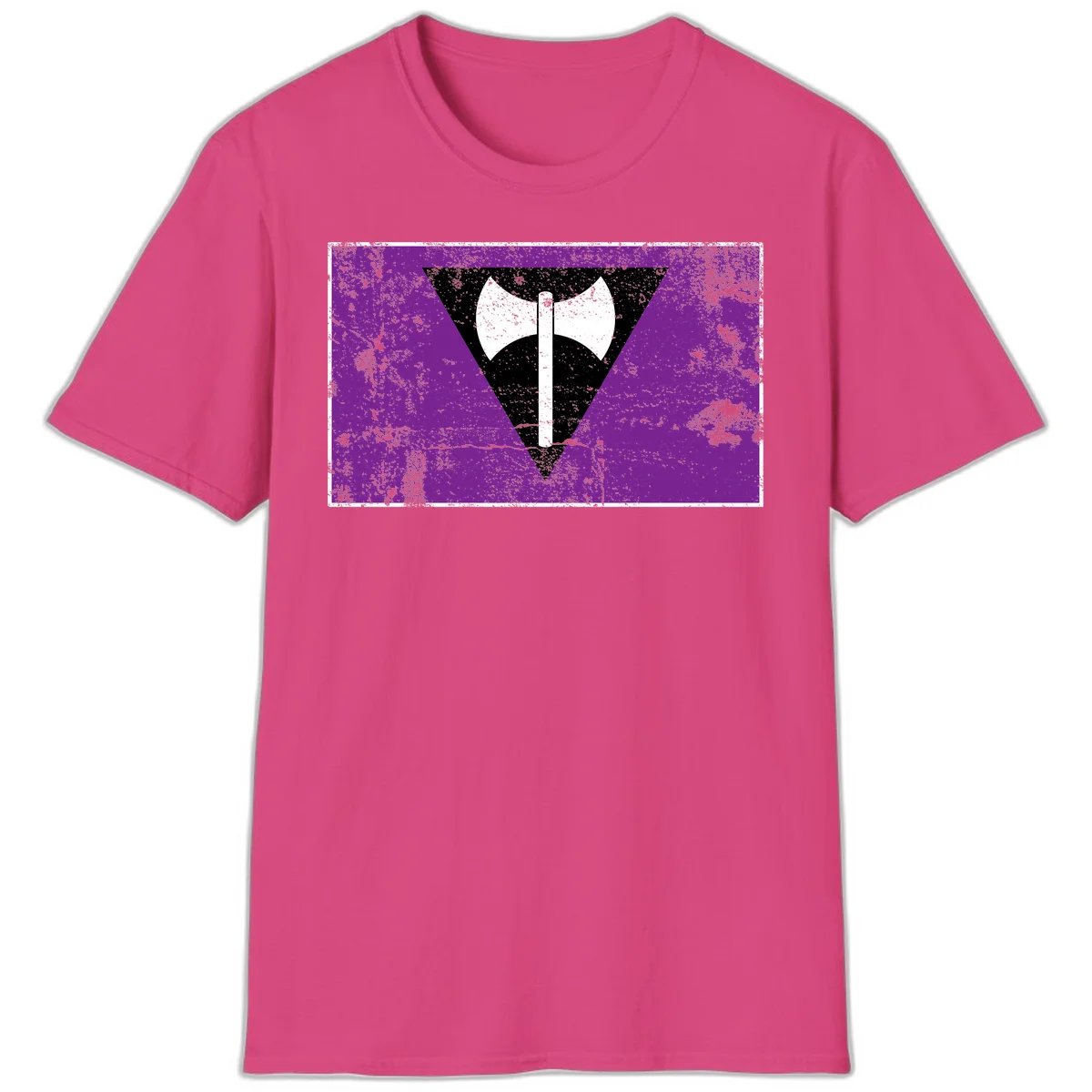 White double-headed axe on vertical cross against black inverted triangle on distressed purple grunge background in Heliconia