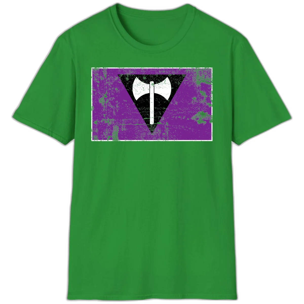White double-headed axe on vertical cross against black inverted triangle on distressed purple grunge background in Irish Green