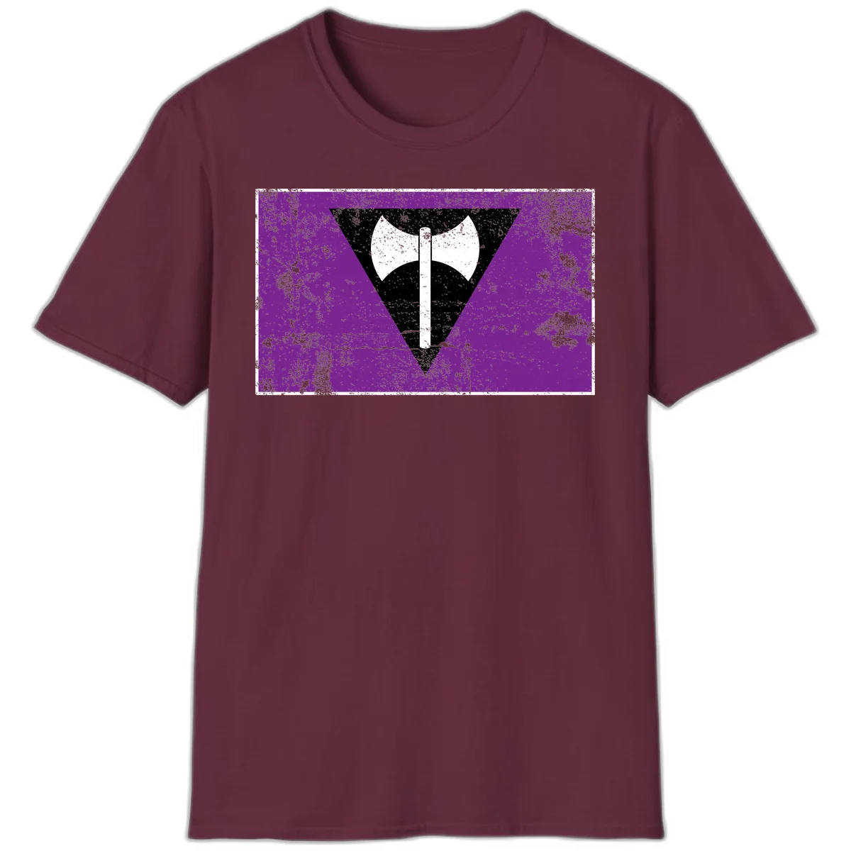 White double-headed axe on vertical cross against black inverted triangle on distressed purple grunge background in Maroon