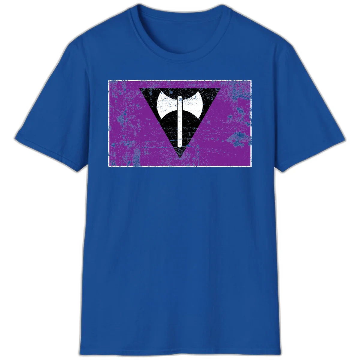 White double-headed axe on vertical cross against black inverted triangle on distressed purple grunge background in Royal