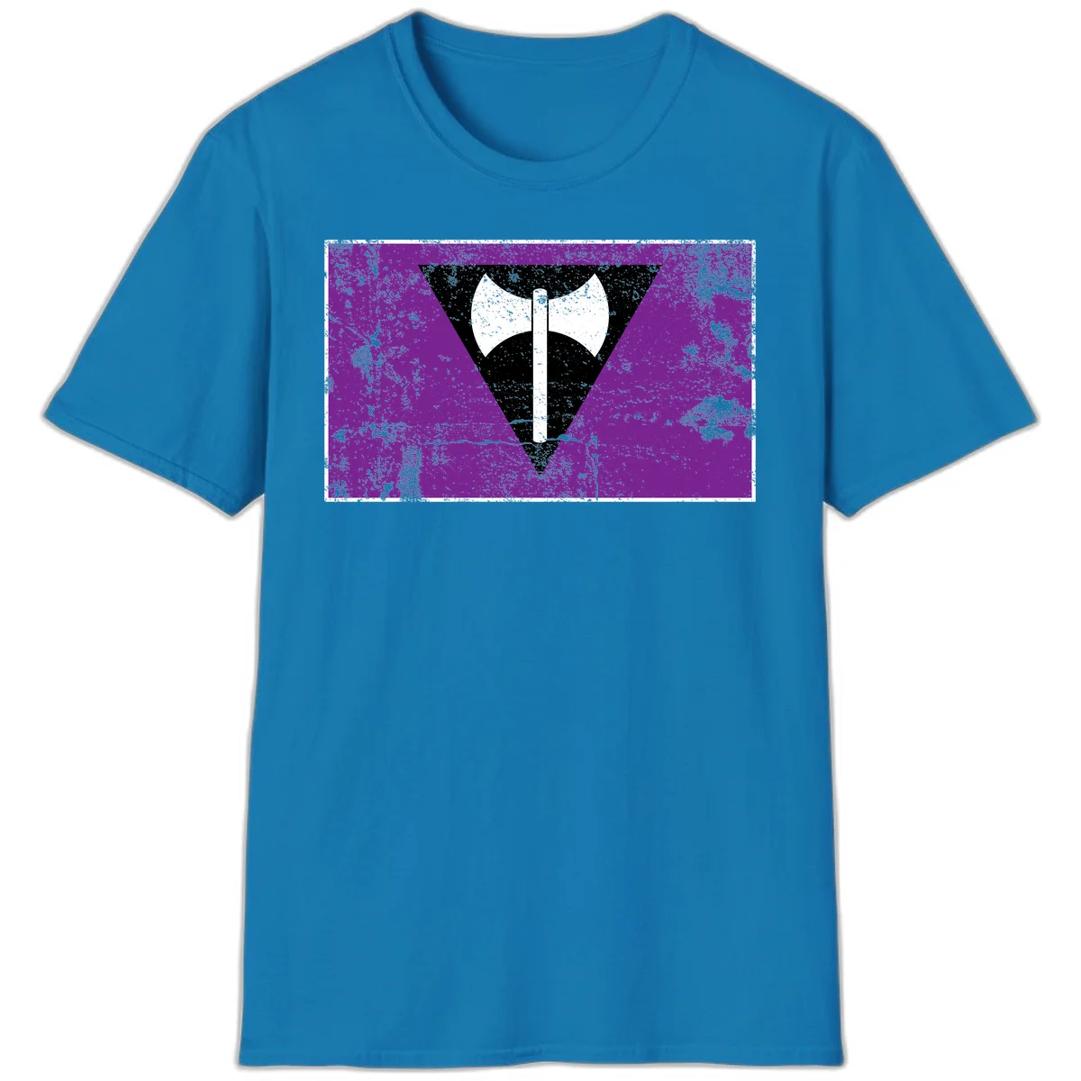 White double-headed axe on vertical cross against black inverted triangle on distressed purple grunge background in Sapphire