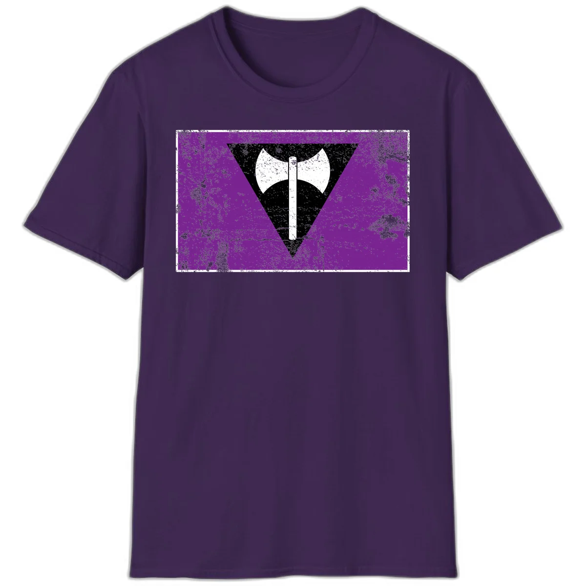 White double-headed axe on vertical cross against black inverted triangle on distressed purple grunge background in Purple