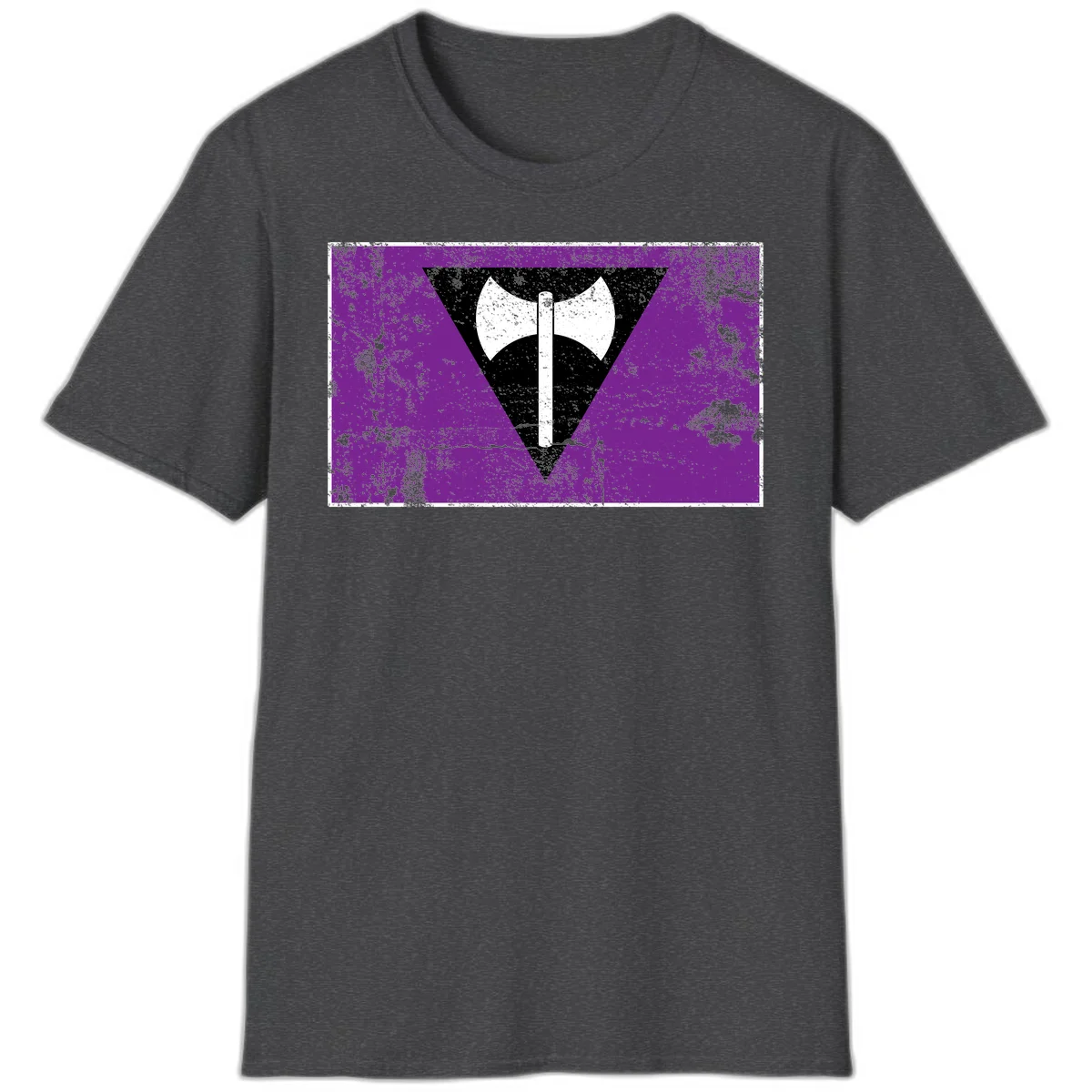 White double-headed axe on vertical cross against black inverted triangle on distressed purple grunge background in Dark Heather