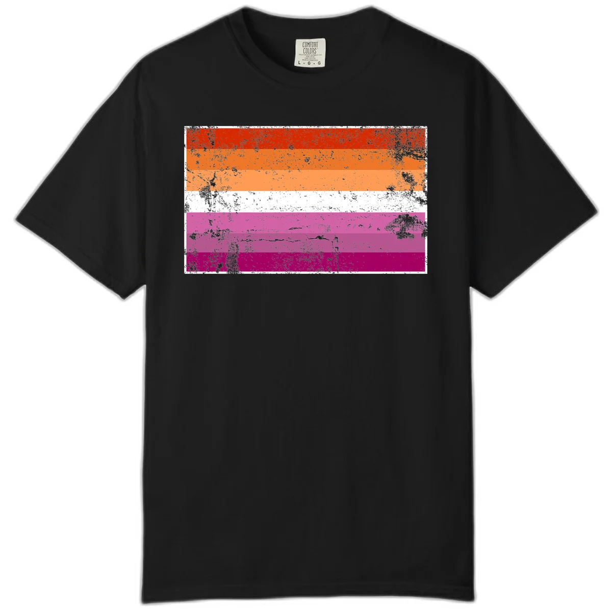 Lesbian pride flag with seven horizontal stripes in red, orange, peach, white, hot pink, magenta, and deep magenta, featuring grunge distressed texture throughout in Black