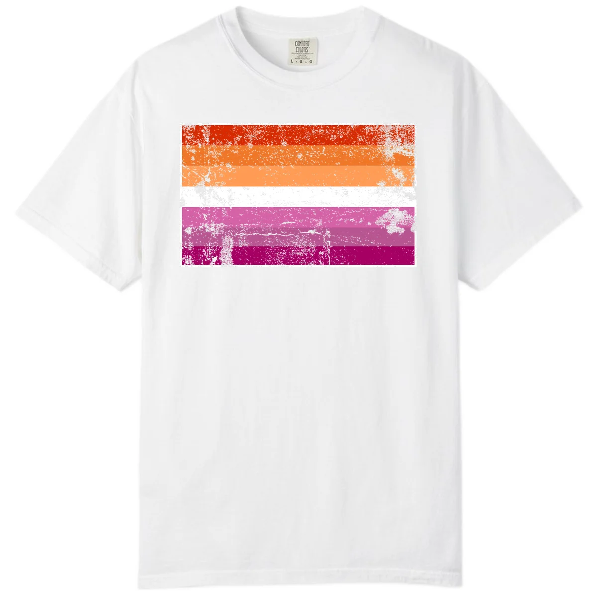 Lesbian pride flag with seven horizontal stripes in red, orange, peach, white, hot pink, magenta, and deep magenta, featuring grunge distressed texture throughout in White