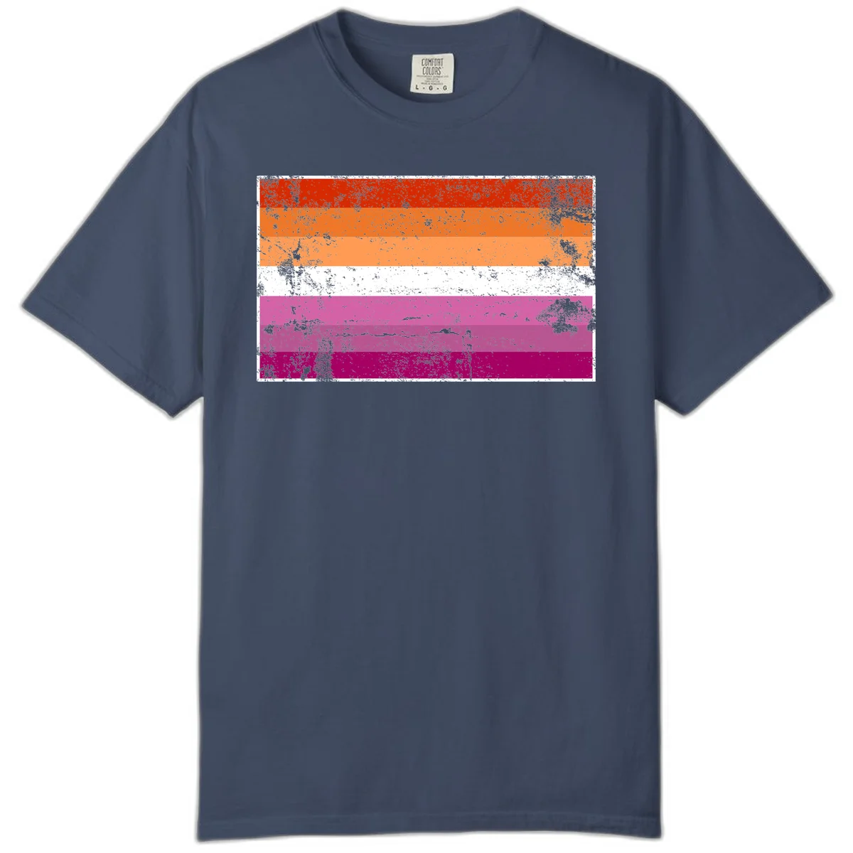 Lesbian pride flag with seven horizontal stripes in red, orange, peach, white, hot pink, magenta, and deep magenta, featuring grunge distressed texture throughout in Midnight