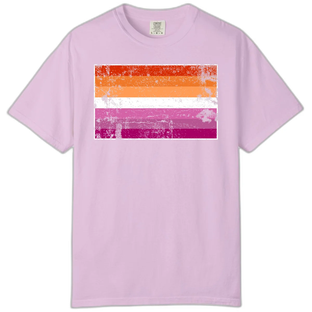 Lesbian pride flag with seven horizontal stripes in red, orange, peach, white, hot pink, magenta, and deep magenta, featuring grunge distressed texture throughout in Orchid