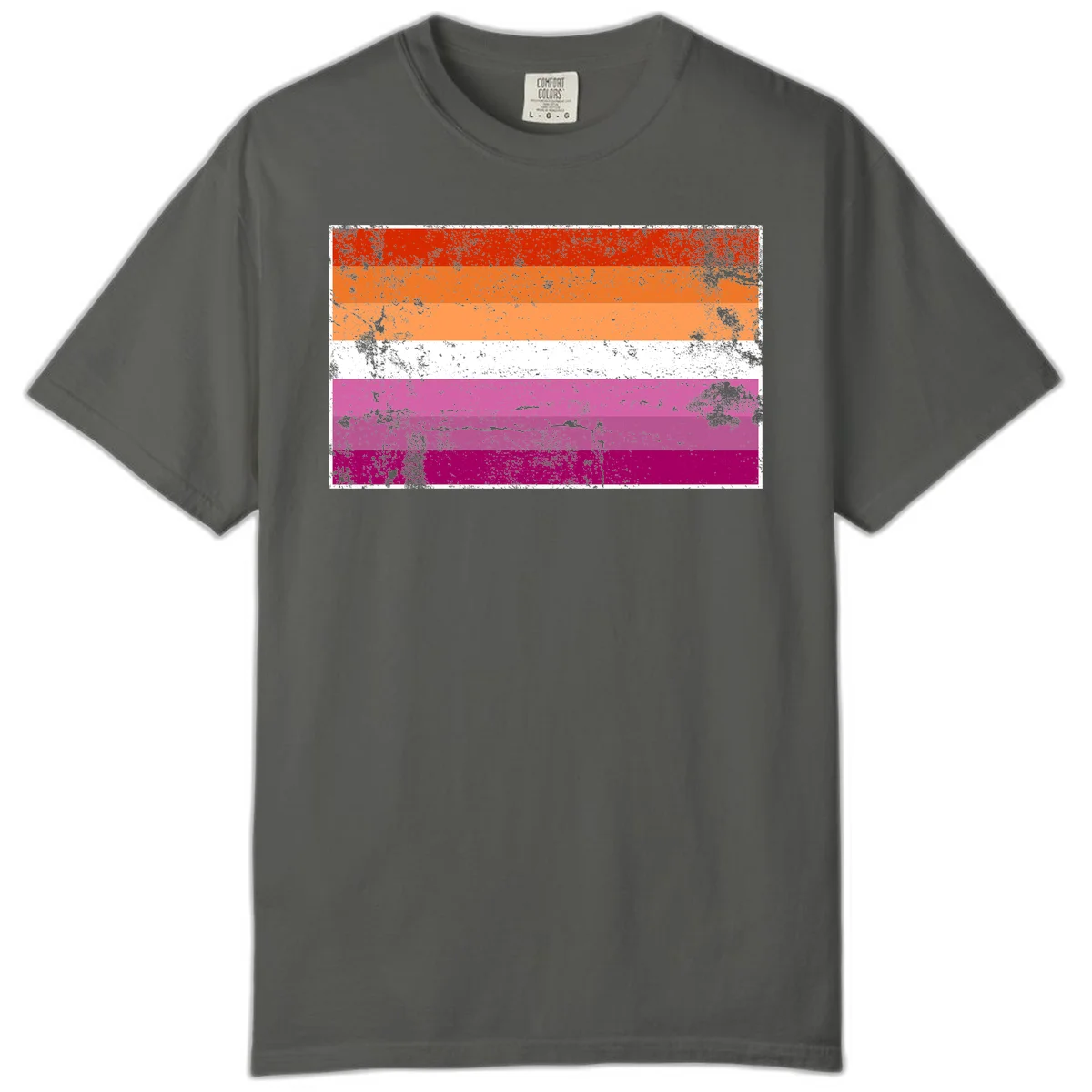Lesbian pride flag with seven horizontal stripes in red, orange, peach, white, hot pink, magenta, and deep magenta, featuring grunge distressed texture throughout in Pepper