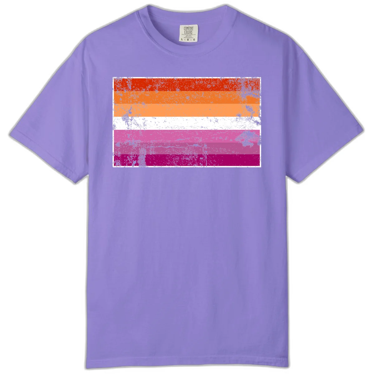 Lesbian pride flag with seven horizontal stripes in red, orange, peach, white, hot pink, magenta, and deep magenta, featuring grunge distressed texture throughout in Violet