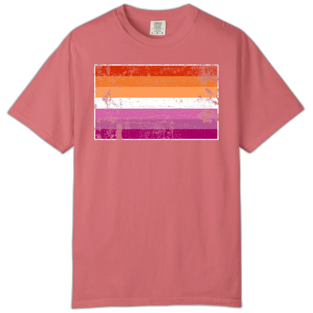 Lesbian pride flag with seven horizontal stripes in red, orange, peach, white, hot pink, magenta, and deep magenta, featuring grunge distressed texture throughout in Watermelon