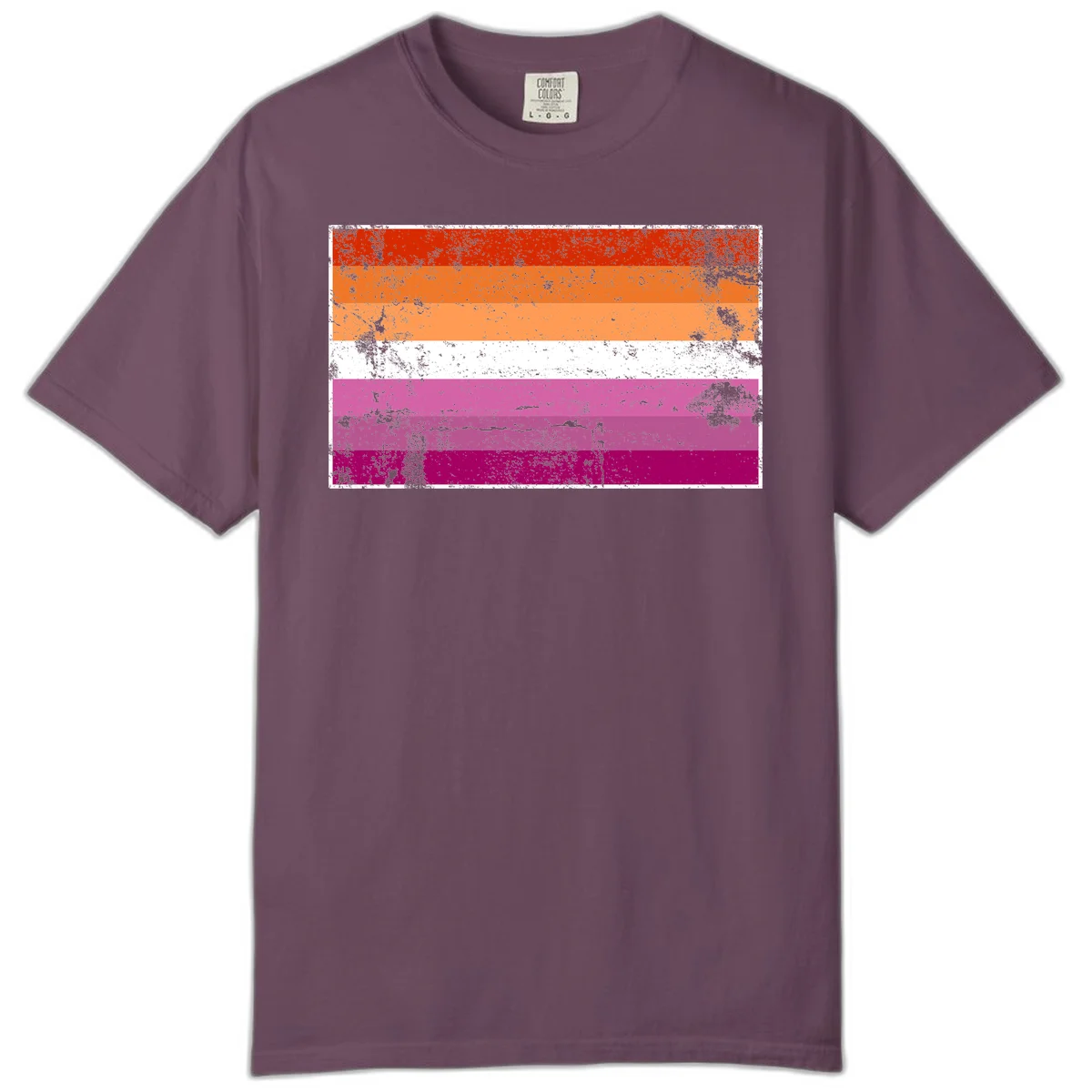 Lesbian pride flag with seven horizontal stripes in red, orange, peach, white, hot pink, magenta, and deep magenta, featuring grunge distressed texture throughout in Berry