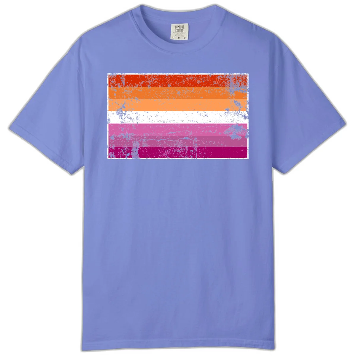 Lesbian pride flag with seven horizontal stripes in red, orange, peach, white, hot pink, magenta, and deep magenta, featuring grunge distressed texture throughout in Flo Blue