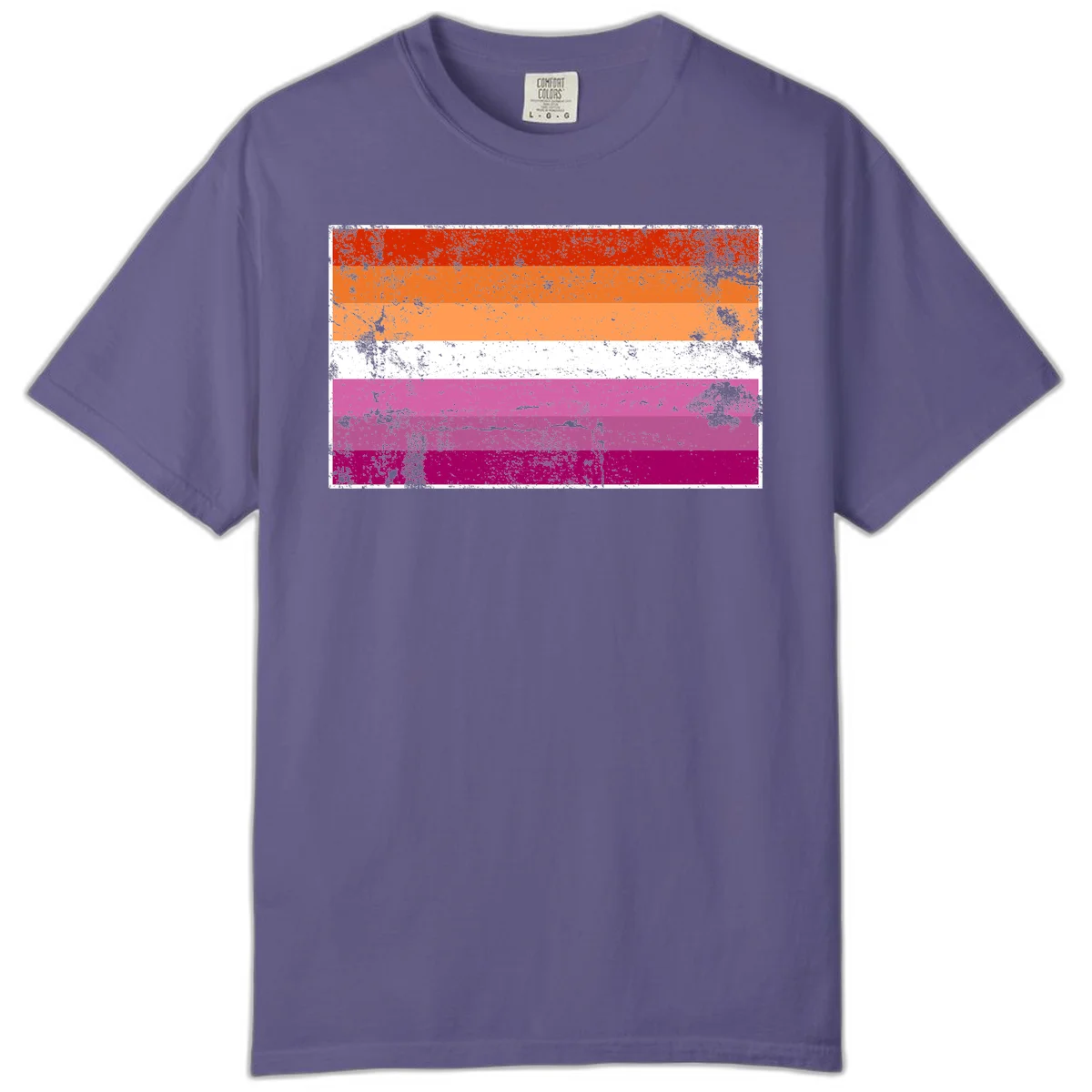 Lesbian pride flag with seven horizontal stripes in red, orange, peach, white, hot pink, magenta, and deep magenta, featuring grunge distressed texture throughout in Grape