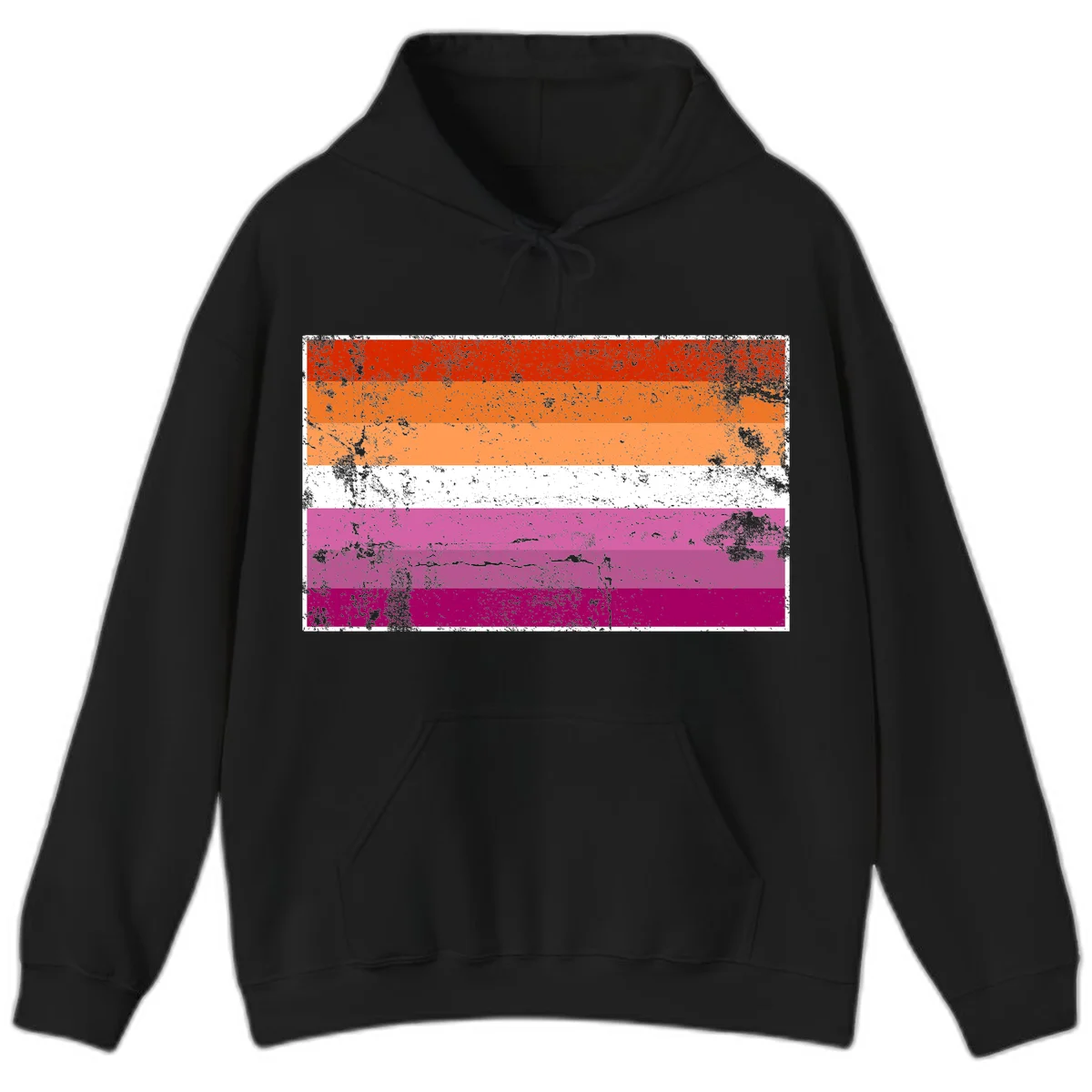 Lesbian pride flag with seven horizontal stripes in red, orange, peach, white, hot pink, magenta, and deep magenta, featuring grunge distressed texture throughout in Black