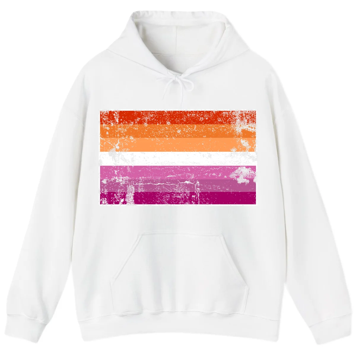 Lesbian pride flag with seven horizontal stripes in red, orange, peach, white, hot pink, magenta, and deep magenta, featuring grunge distressed texture throughout in White