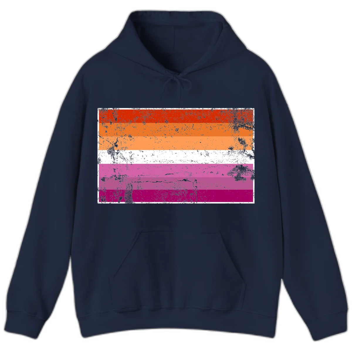 Lesbian pride flag with seven horizontal stripes in red, orange, peach, white, hot pink, magenta, and deep magenta, featuring grunge distressed texture throughout in Navy