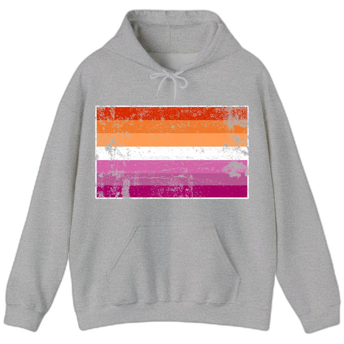 Lesbian pride flag with seven horizontal stripes in red, orange, peach, white, hot pink, magenta, and deep magenta, featuring grunge distressed texture throughout in Sport Grey