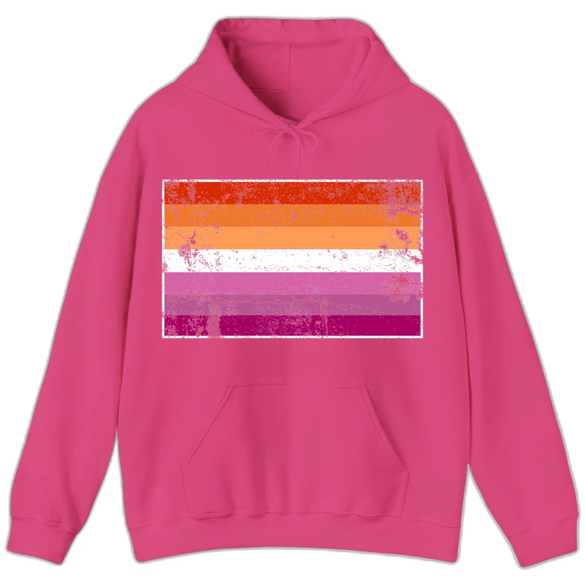 Lesbian pride flag with seven horizontal stripes in red, orange, peach, white, hot pink, magenta, and deep magenta, featuring grunge distressed texture throughout in Heliconia